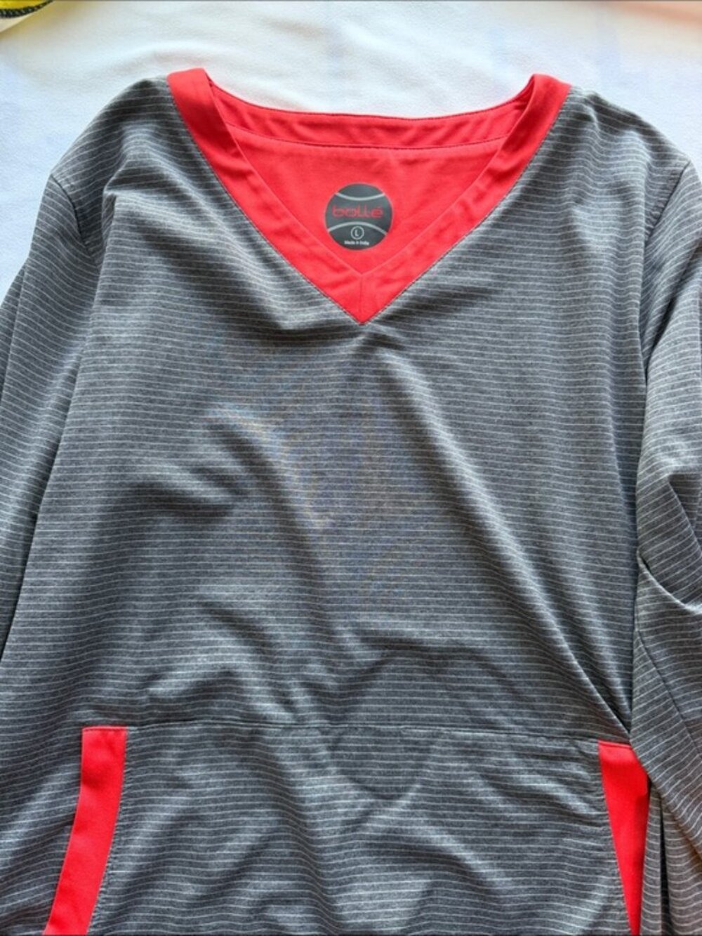Bollé Athletic Long Sleeve Top Charcoal White Pinstripe Red Contrast V Neck